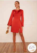 Load image into Gallery viewer, Orange Long Sleeve Drape Satin Dress