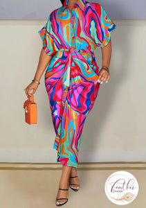 Abstract Print Ruched Shirt Dress
