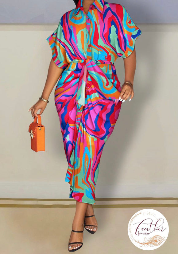 Abstract Print Ruched Shirt Dress