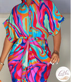 Abstract Print Ruched Shirt Dress
