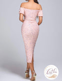 Pink Off Shoulder Sequin Midi Dress