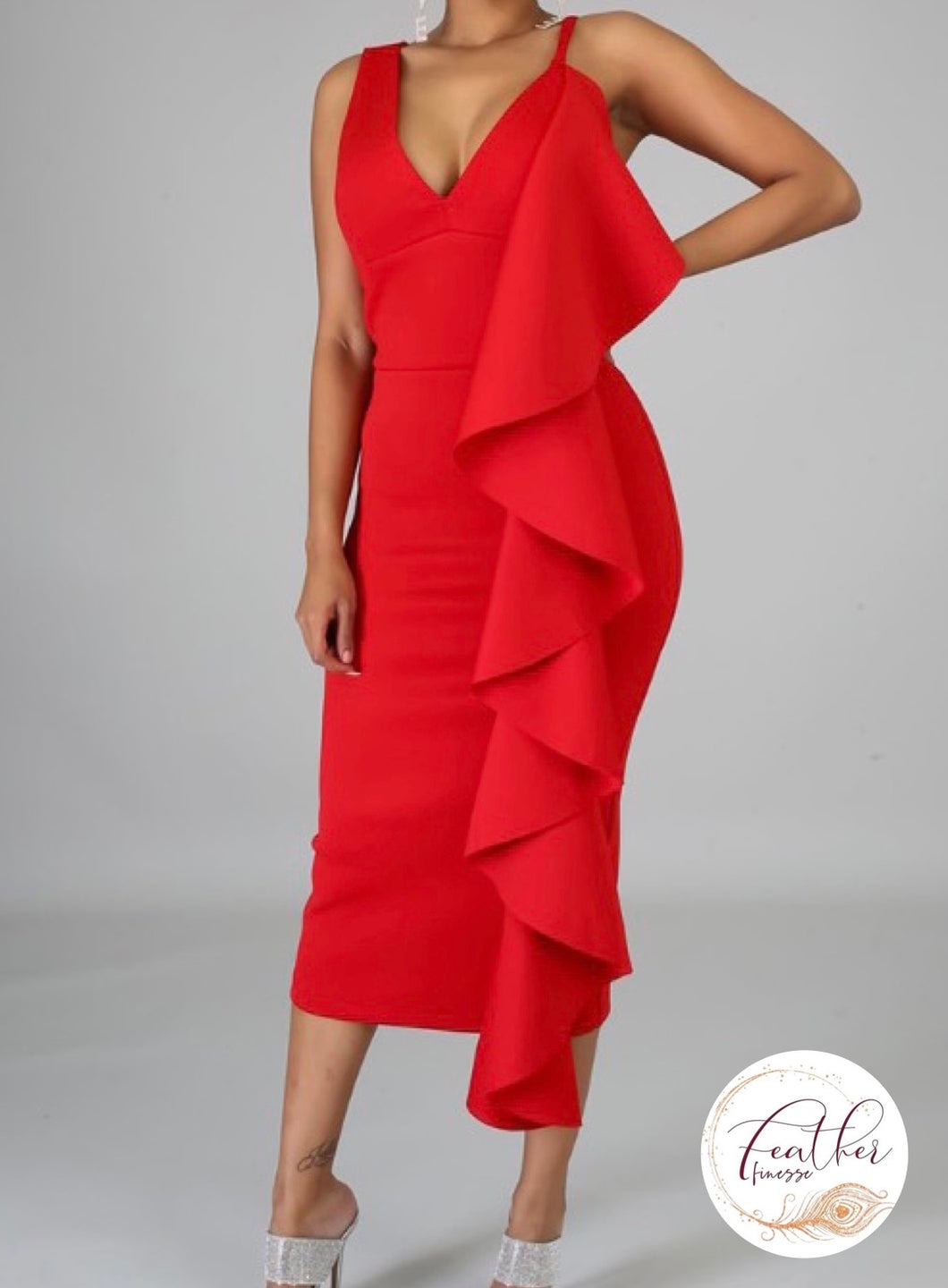 red ruffle detail plunge midi dress Ruffle Detail Tier Midi Dress - Poppy Red