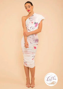 White & Pale Pink Floral Crepe One Shoulder Dress