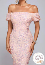 Load image into Gallery viewer, Pink Off Shoulder Sequin Midi Dress ml