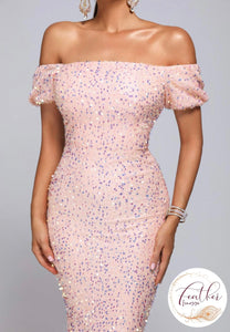Pink Off Shoulder Sequin Midi Dress ml